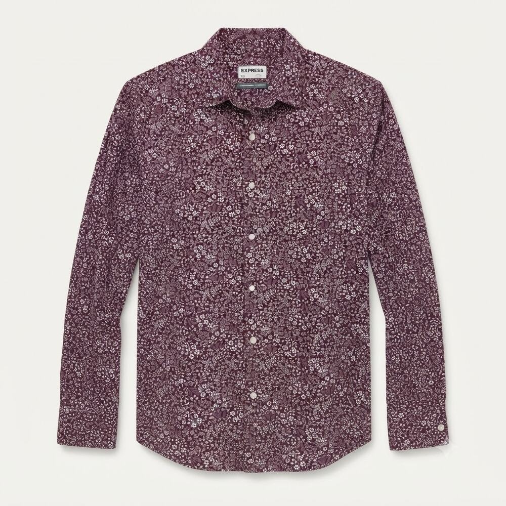 Express Women L Preppy Boho Western Indie Floral Slim Soft Wash Pearl Snap Shirt